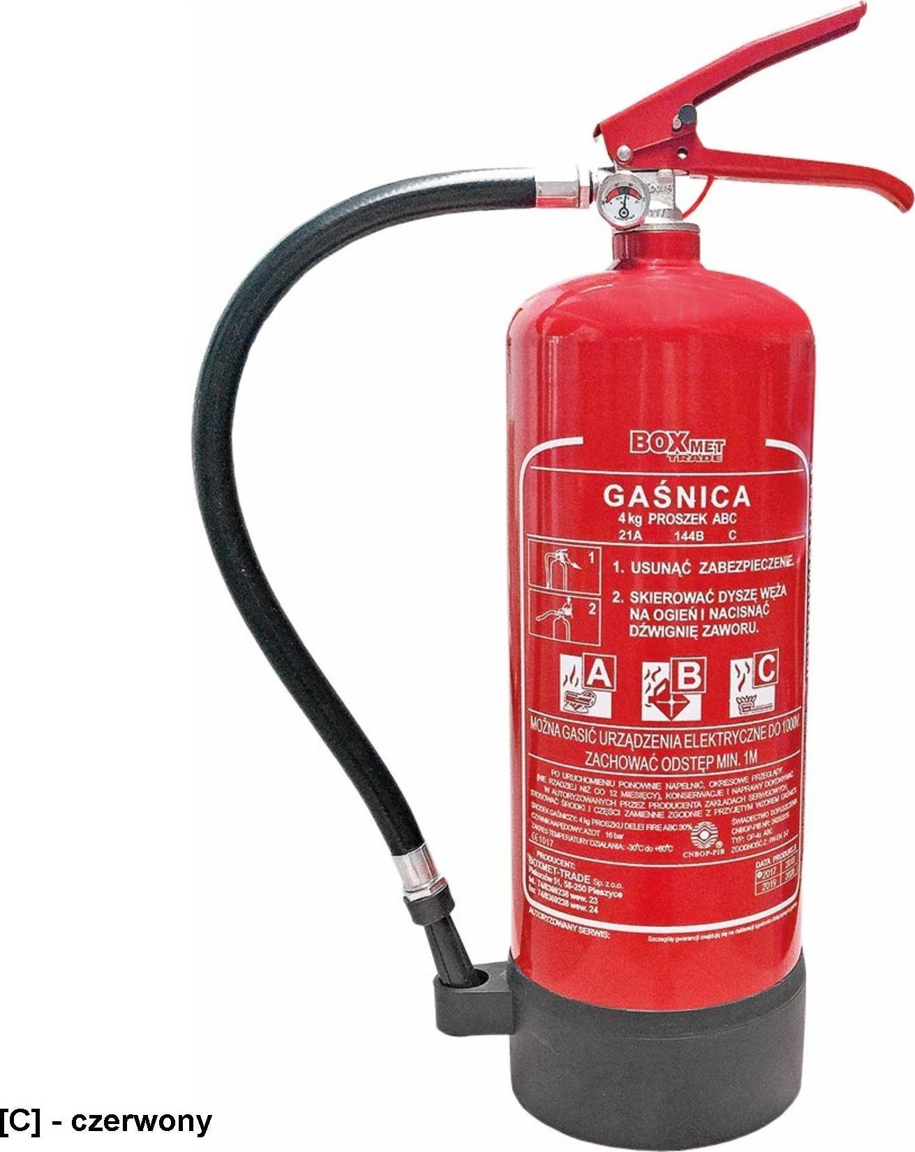 Boxmet BX-GP-4XABC-P - gaśnica proszkowa, z opaską do gaszenia pożarów grupy ABC z podstawą, 12 sekund - 4 kg.