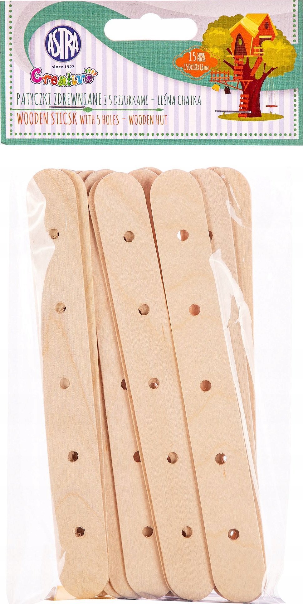 Astra Patyczki z drewna 150x18x1,6mm 5 otw. Bajkowe dekoracje ASTRA Creativo 15 szt