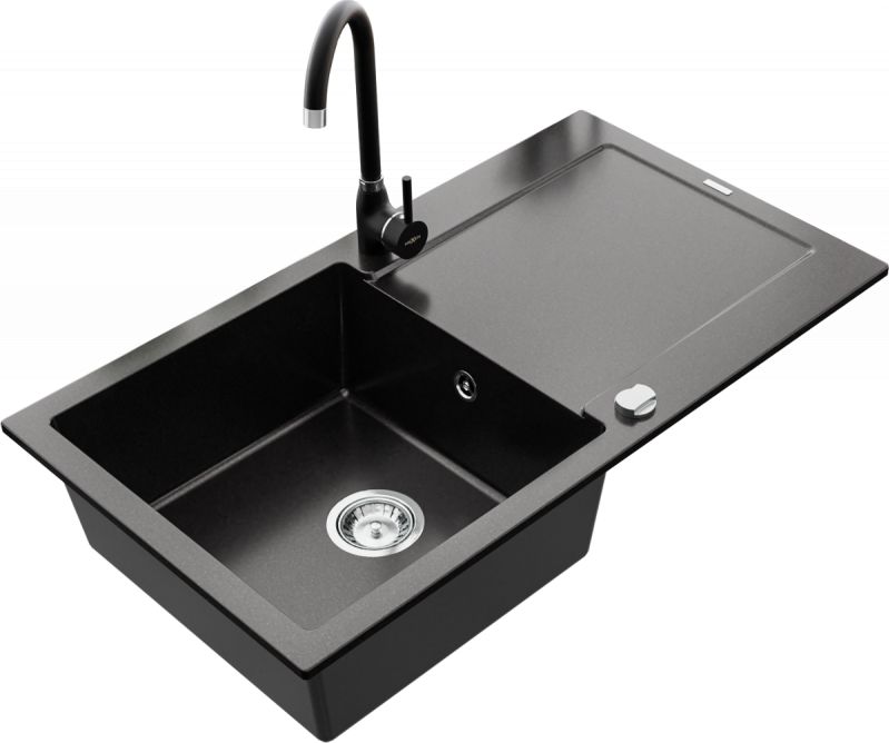 Zlewozmywak Mexen Mexen Leo zlewozmywak granitowy 1-komorowy z ociekaczem i baterią kuchenną Telma, czarny - 6501-77-670200-70