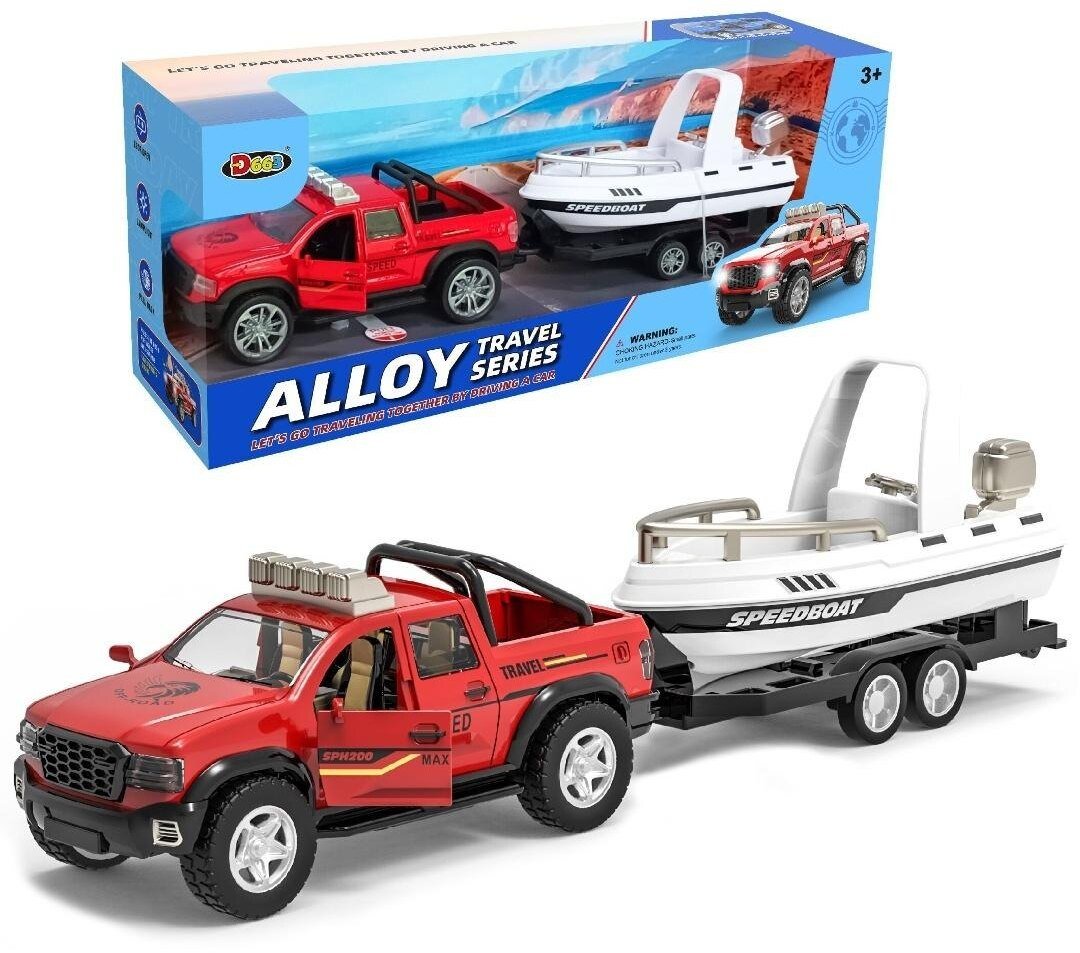 Auto terenowe metalowe z przyczepą i łodzią