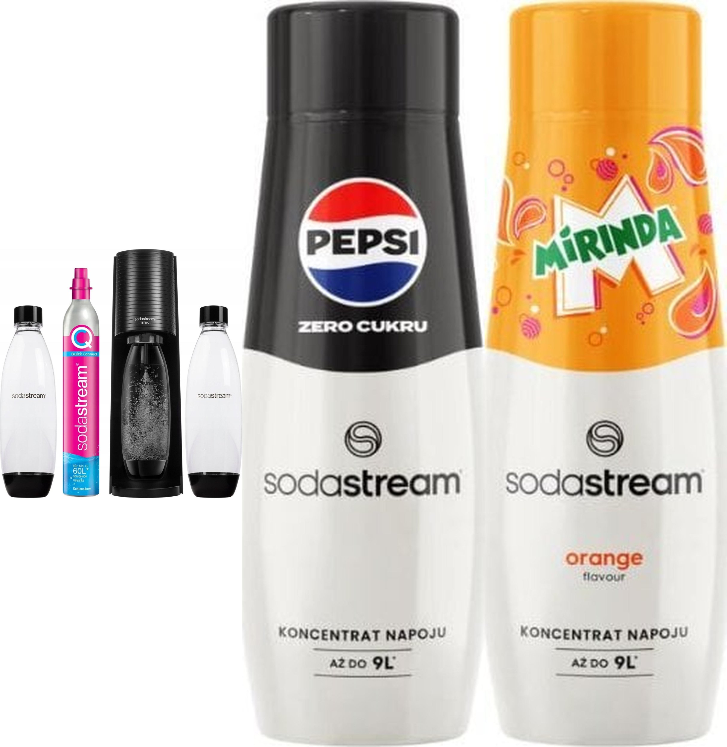 Saturator Sodastream Terra + 2 butelki + gaz Czarny + syrop Pepsi Zero, Mirinda