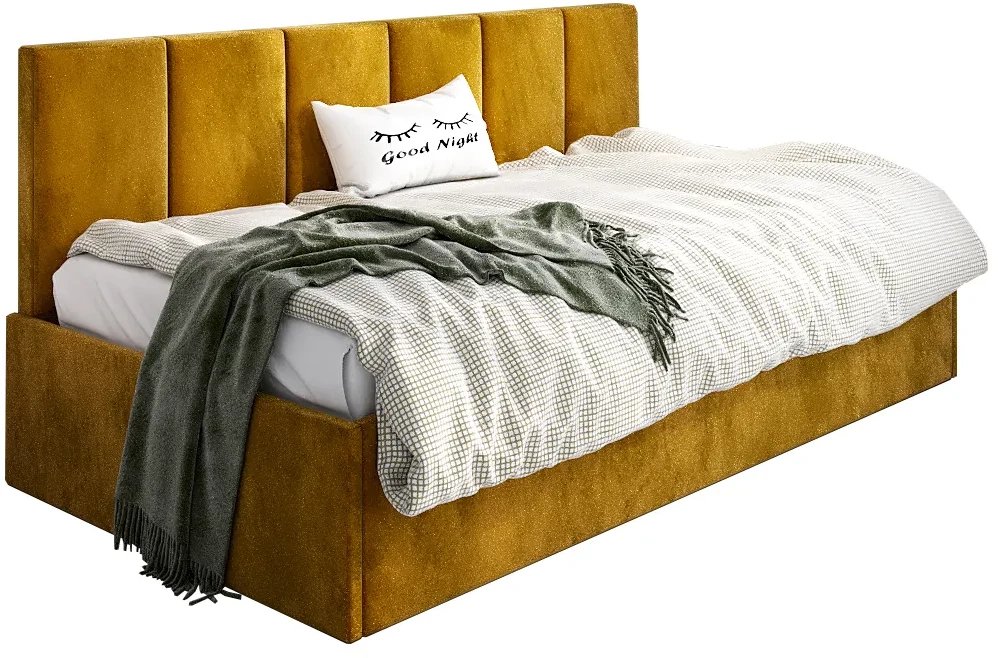 Łóżko młodzieżowe SORA 90x200 curry z tapicerowanym panelem i pojemnikiem na pościel MKPOL