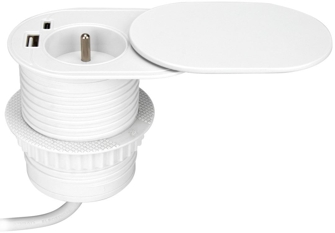 Gniazdo meblowe ?6cm, wpuszczane w blat z przesuwną pokrywką, ładowarką USB i przewodem 1,9m, 1x2P+Z (French), 2xUSB (typ A+C; P
