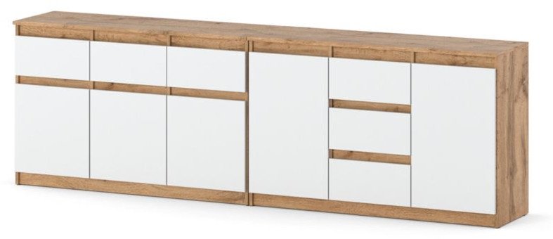 Komoda Biało Drewniana Nowoczesna Pojemna Duża 6 Szuflad 240cm Dąb Wotan