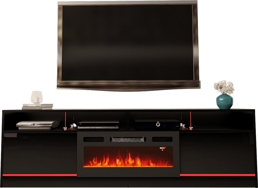 MEGSTYL SZAFKA RTV 200CM Z LISTWĄ LED I WKŁADEM KOMINKOWYM - DISPARO 5 Czarny mat - Czarny połysk