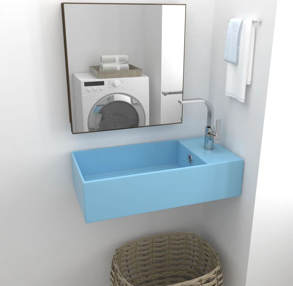 Umywalka vidaXL Ścienna umywalka z otworem przelewowym, ceramika, błękitna