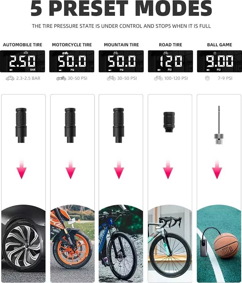 RockBros Elektryczna pompka rowerowa Rockbros 42720001001 z wyświetlaczem LED + kabel USB-C - USB-A - czarna