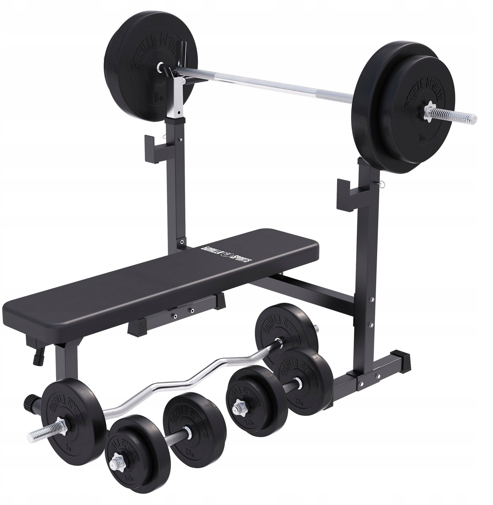 Ławka szeroka pod sztangę 3w1 zestaw bitumiczny 100 kg, sztanga i hantle