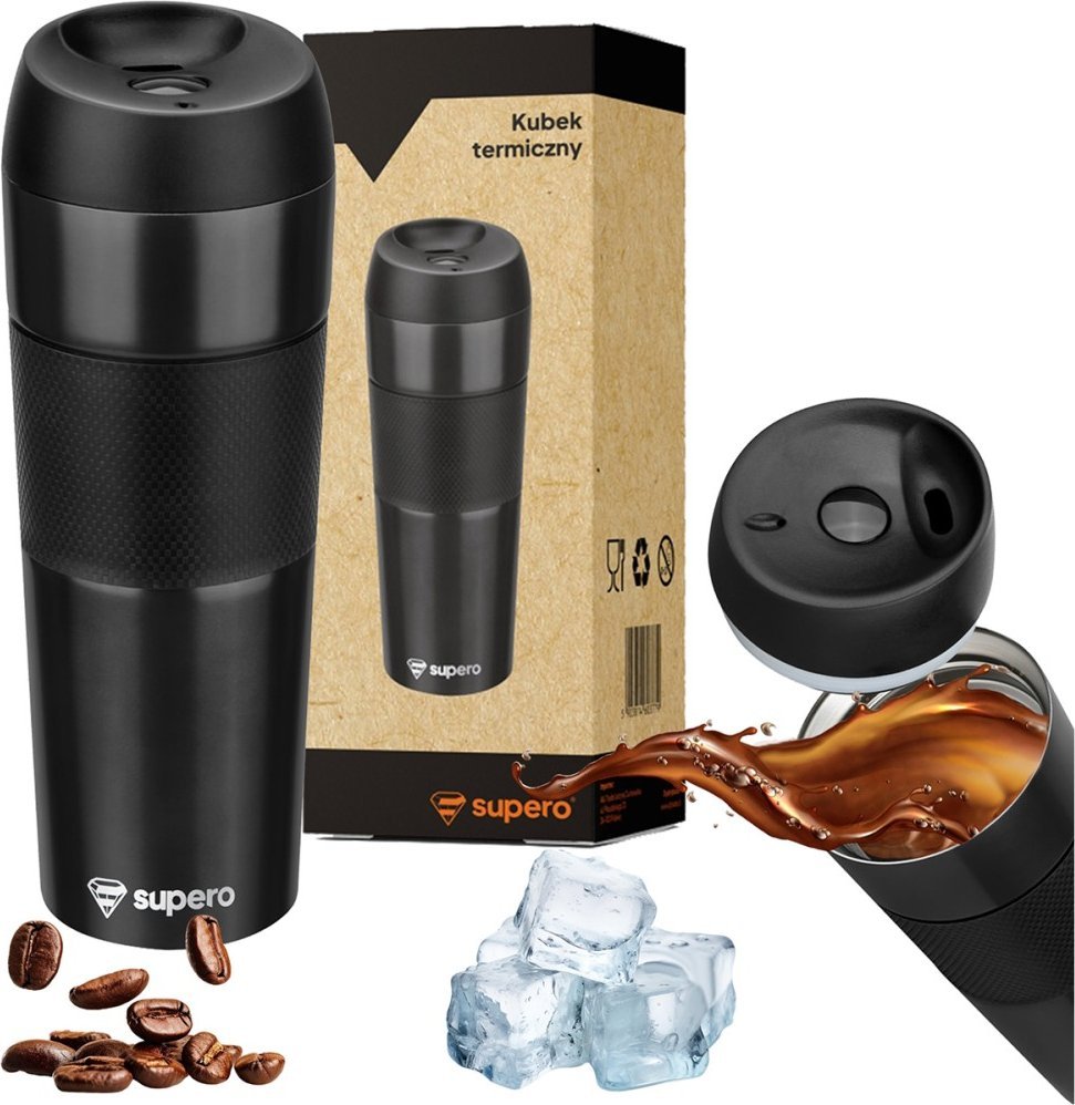 Kubek termiczny Supero, Matowy, na kawę, herbatę, 12-24h, 450ml, czarny