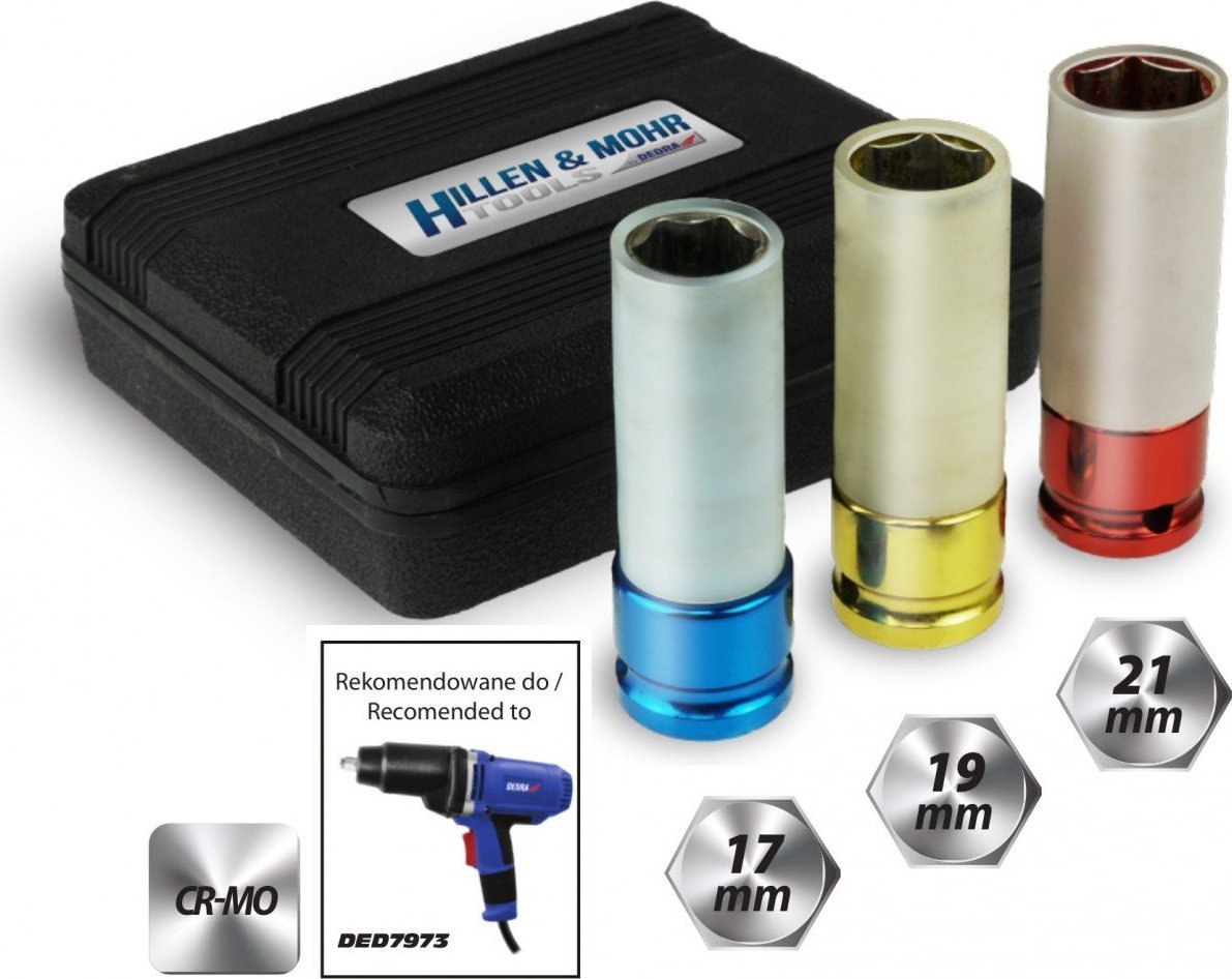 Dedra Nasadki udarowe do felg aluminiowych, kpl 1/2"" 17,19,21mm