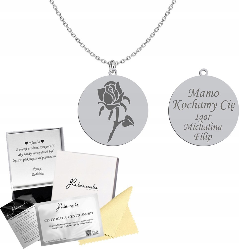 Radziszewska Jewellery Naszyjnik Srebrny Róża Imię Dziecka Prezent DZIEŃ MATKI 925 GRAWER GRATIS