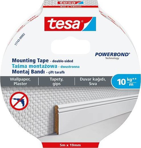 Tesa assembly line, 5m x 19mm, for wallpaper and plaster, up to 10kg/m, white
