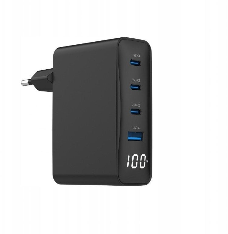 Ładowarka uniwersalna 100W GaN 1xUSB-A 3xUSB-C szybkie ładowanie LCD czarna