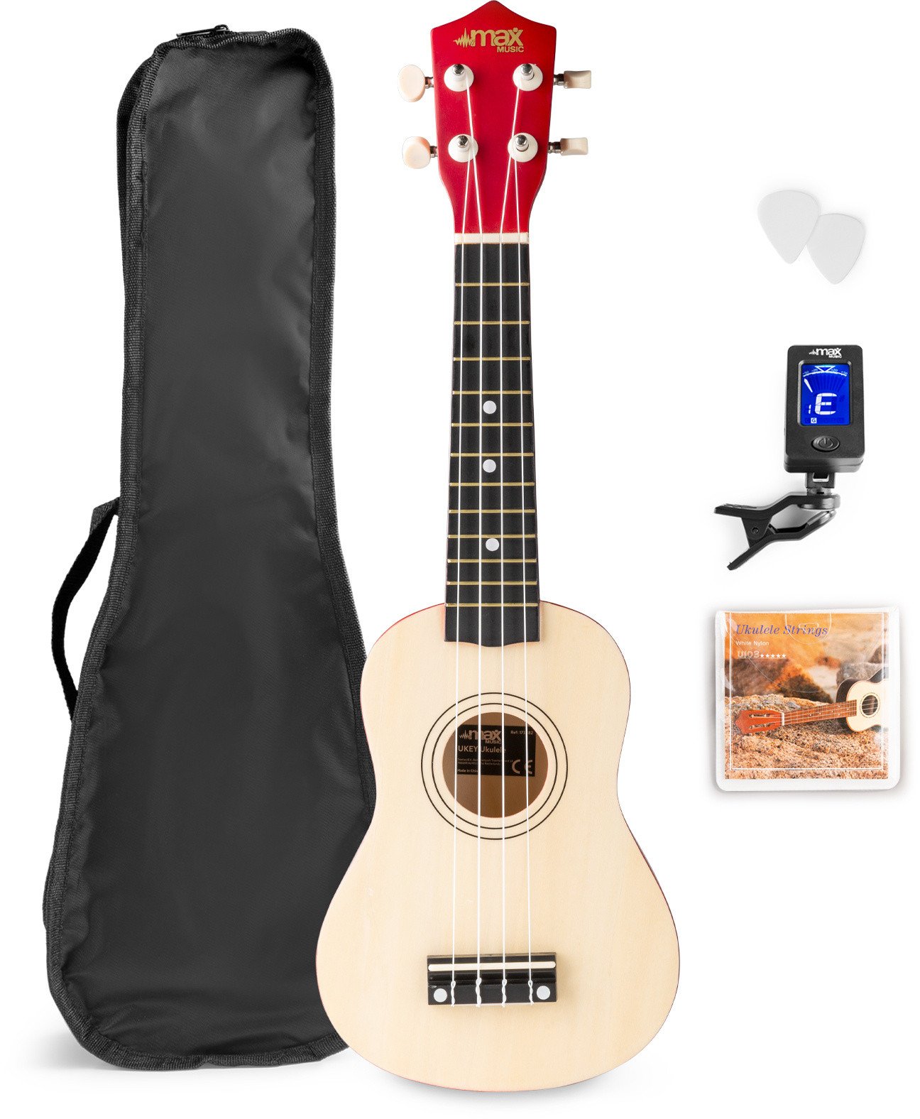Zestaw: Ukulele sopranowe Max UKEY naturalne+ tuner dwie kostki struny pokrowiec one size