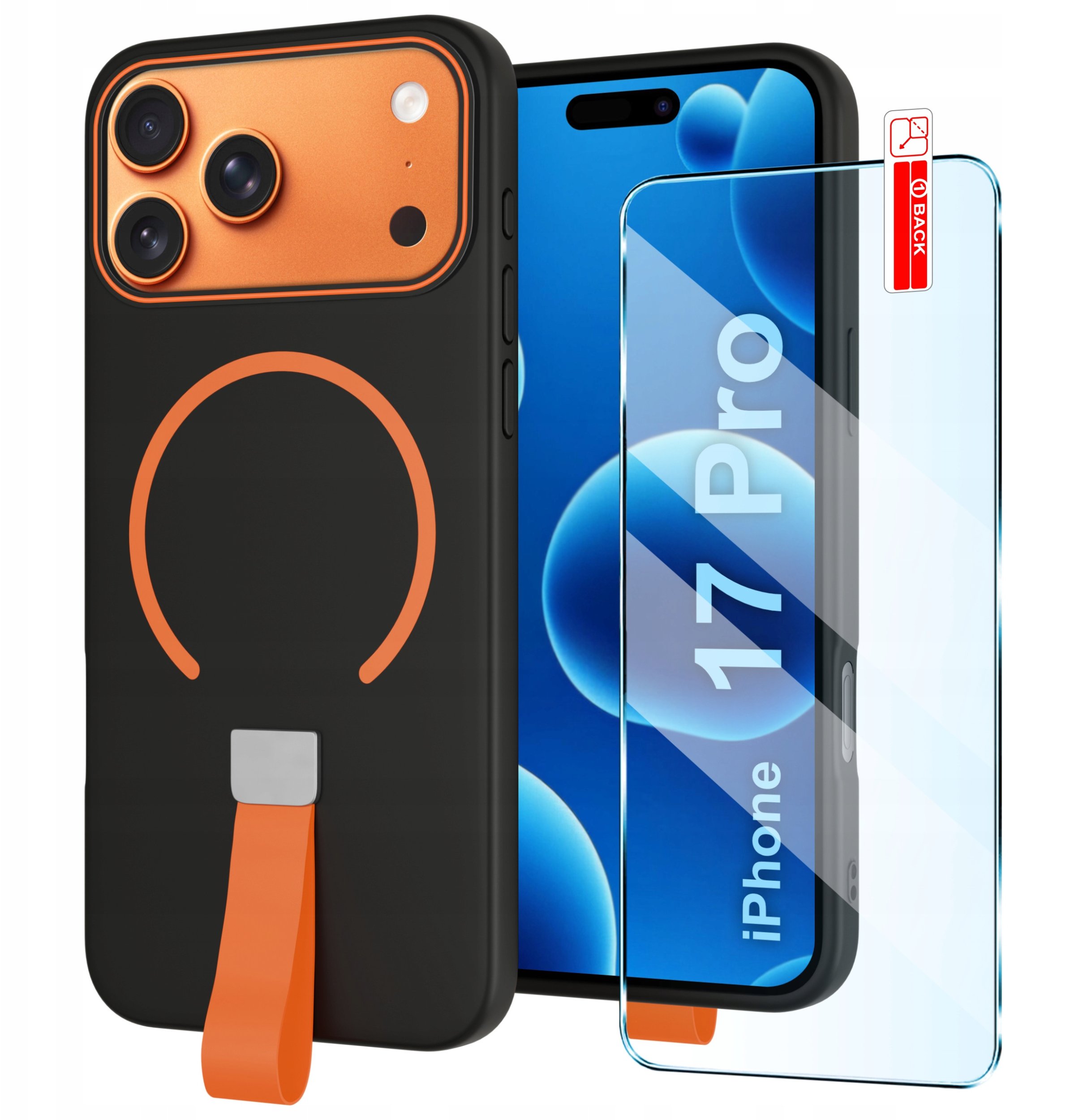 Etui z Paskiem na palec Matowe CZARNE do iPhone 17 Pro |do MagSafe +Szkło