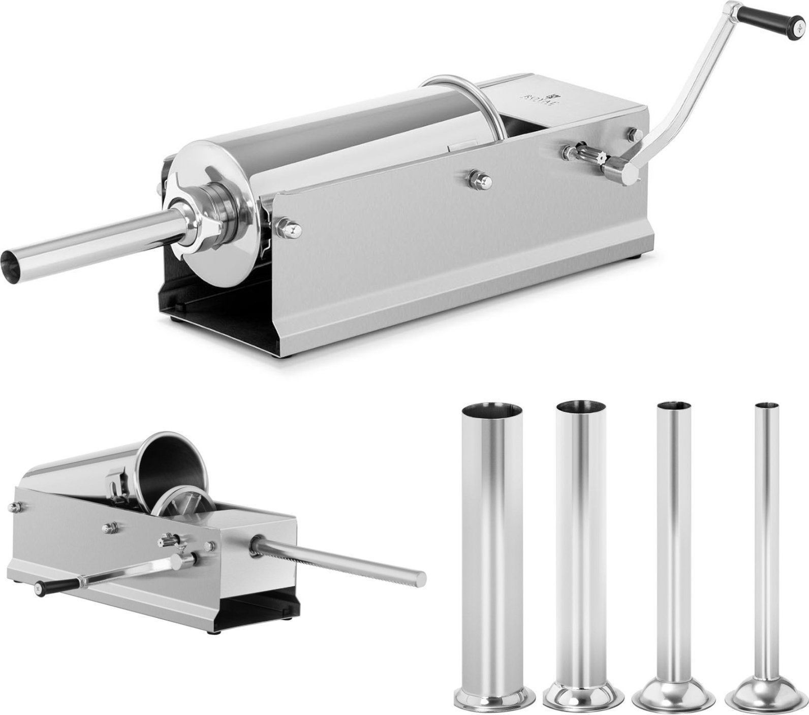 Royal Catering Nadziewarka napełniacz szpryca do kiełbas ręczna pozioma 5 l + 4 lejki Nadziewarka napełniacz szpryca do kiełbas ręczna pozioma 5 l + 4