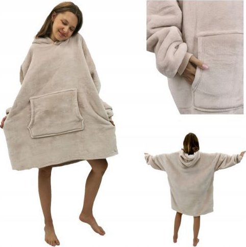 kontrast Ciepła gruba bluza z kapturem kocobluza oversize jasnobeżowa