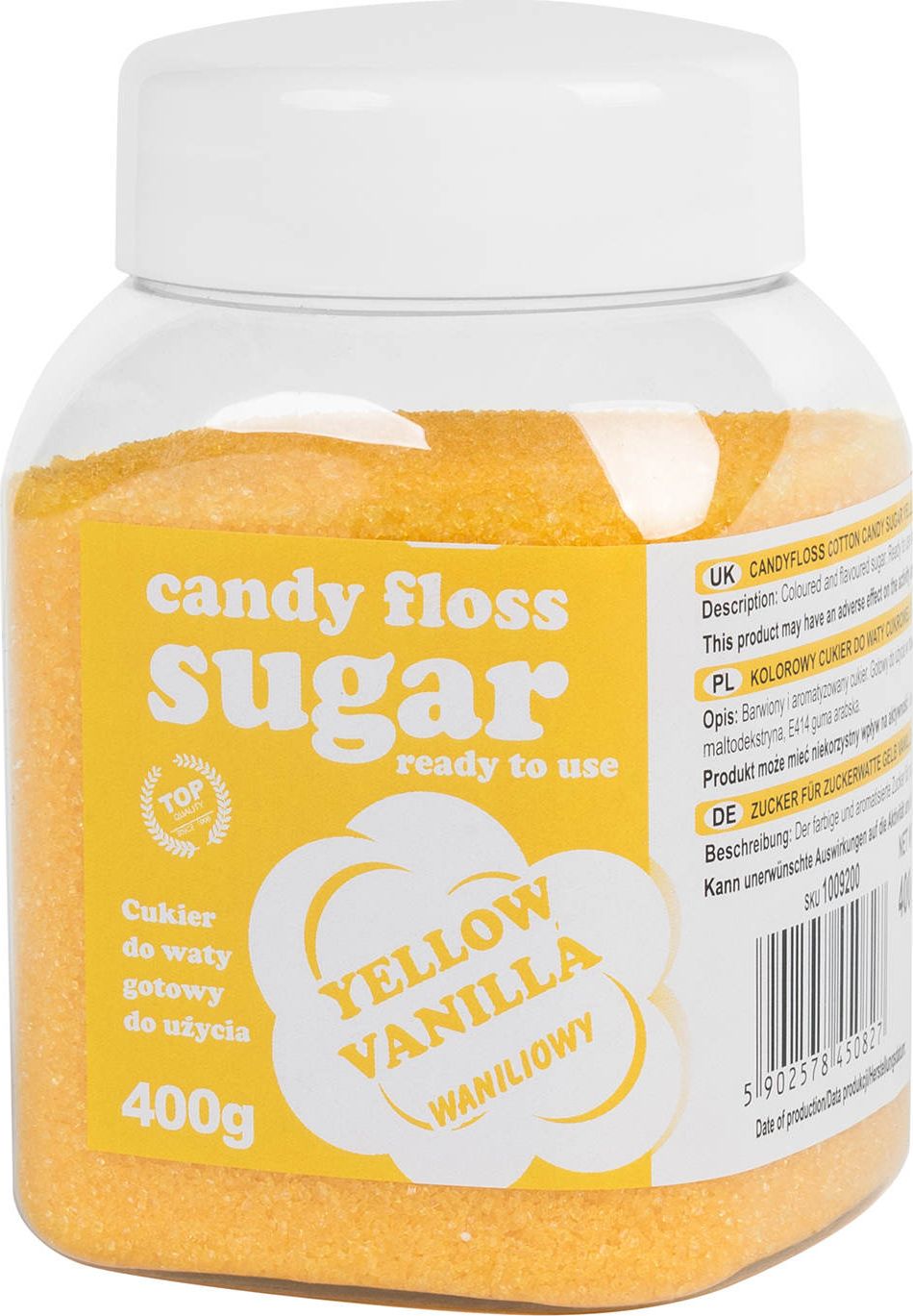 GSG24 Kolorowy cukier do waty cukrowej żółty o smaku waniliowym 400g Kolorowy cukier do waty cukrowej żółty o smaku waniliowym 400g