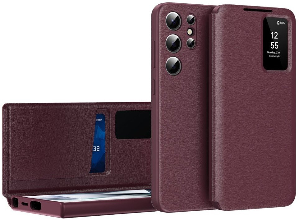Etui z klapką Smart View skórzane do Galaxy S25 Ultra, burgundowe