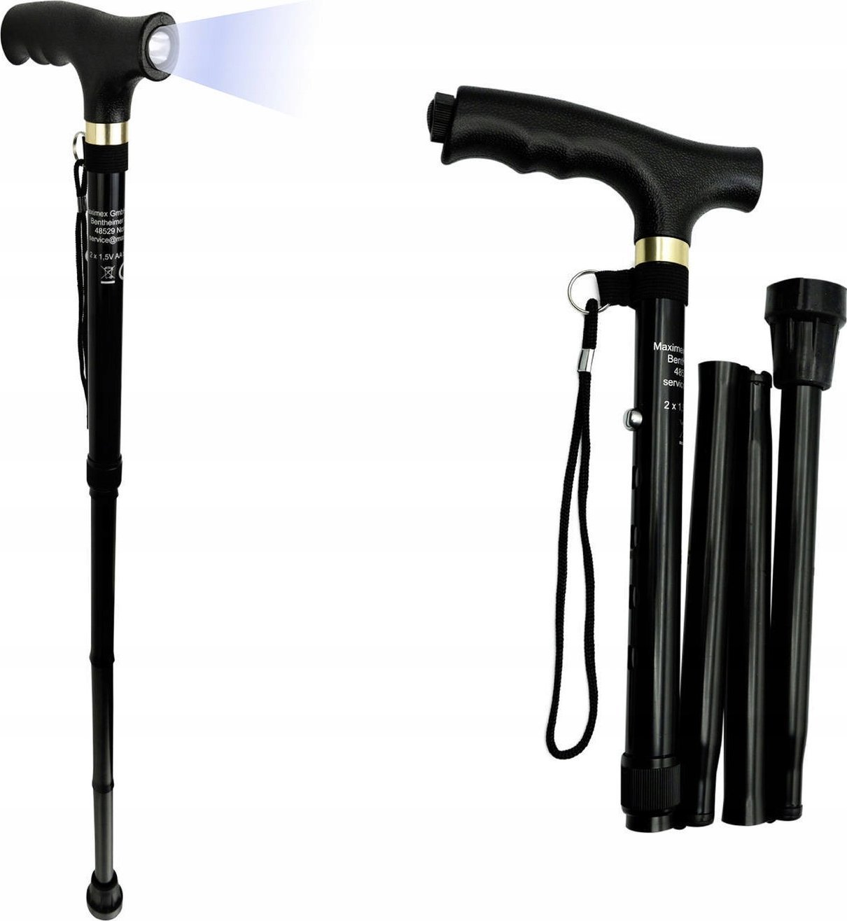 Maximex Składana laska aluminiowa, regulowana wysokość i dioda LED