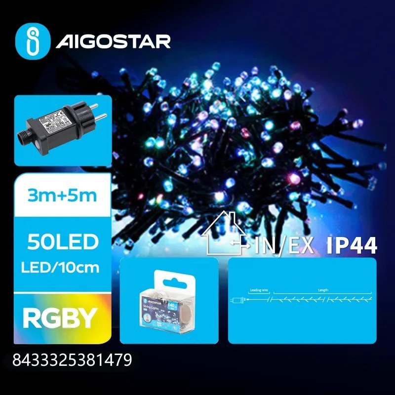 Lampki choinkowe Aigostar Niskonapięciowe lampki choinkowe 50 led z flashem RGBY, 5m+3m Niskonapięciowe lampki choinkowe 50 led z flashem RGBY, 5m+3m