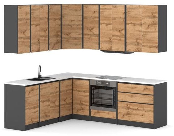Meble Kuchenne Szare Z Drewnem Modułowe Zestaw Mini Mokka 200cm Dąb Wotan