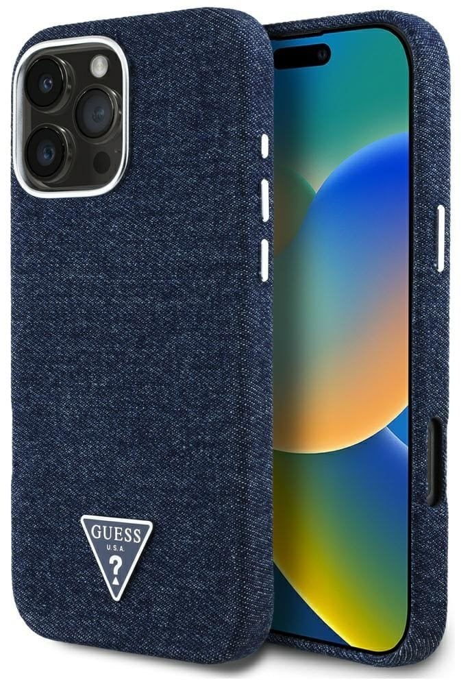 Etui Guess Denim Triangle Logo MagSafe do iPhone 16 Pro niebieski