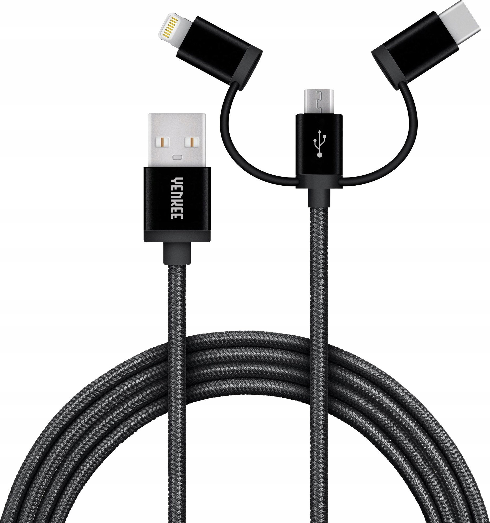 Kabel USB Yenkee USB-A - USB-C + microUSB + Lightning 1 m Czarny (YCU 400BK)