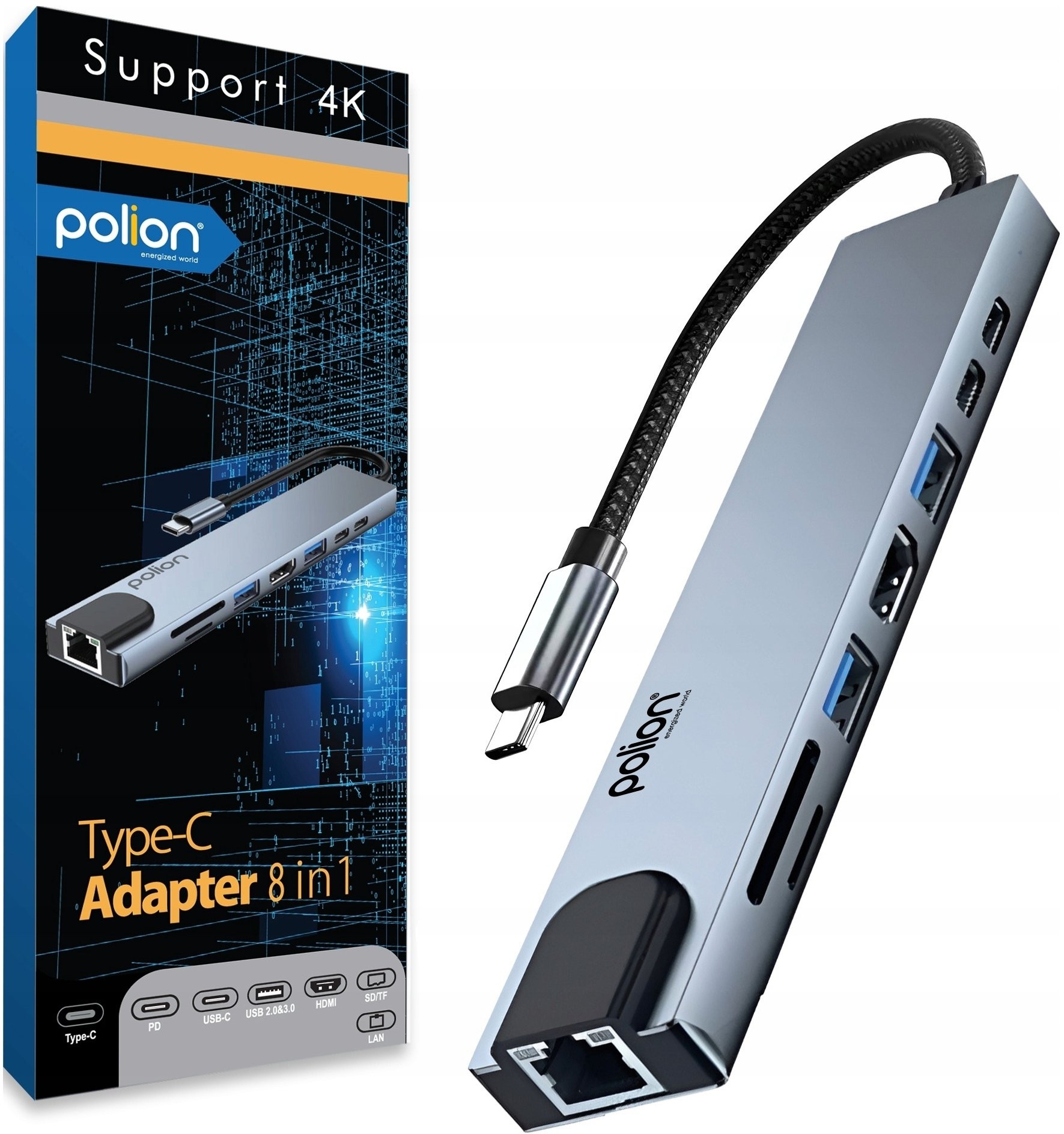 HUB USB-C 2*USB-A + 2*USB-C + RJ45 + HDMI + SD/TF