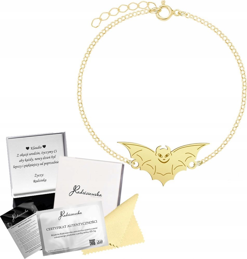 Radziszewska Jewellery Bransoletka Złota Nietoperz Halloween 925 Łańcuszek Prezent GRAWER GRATIS