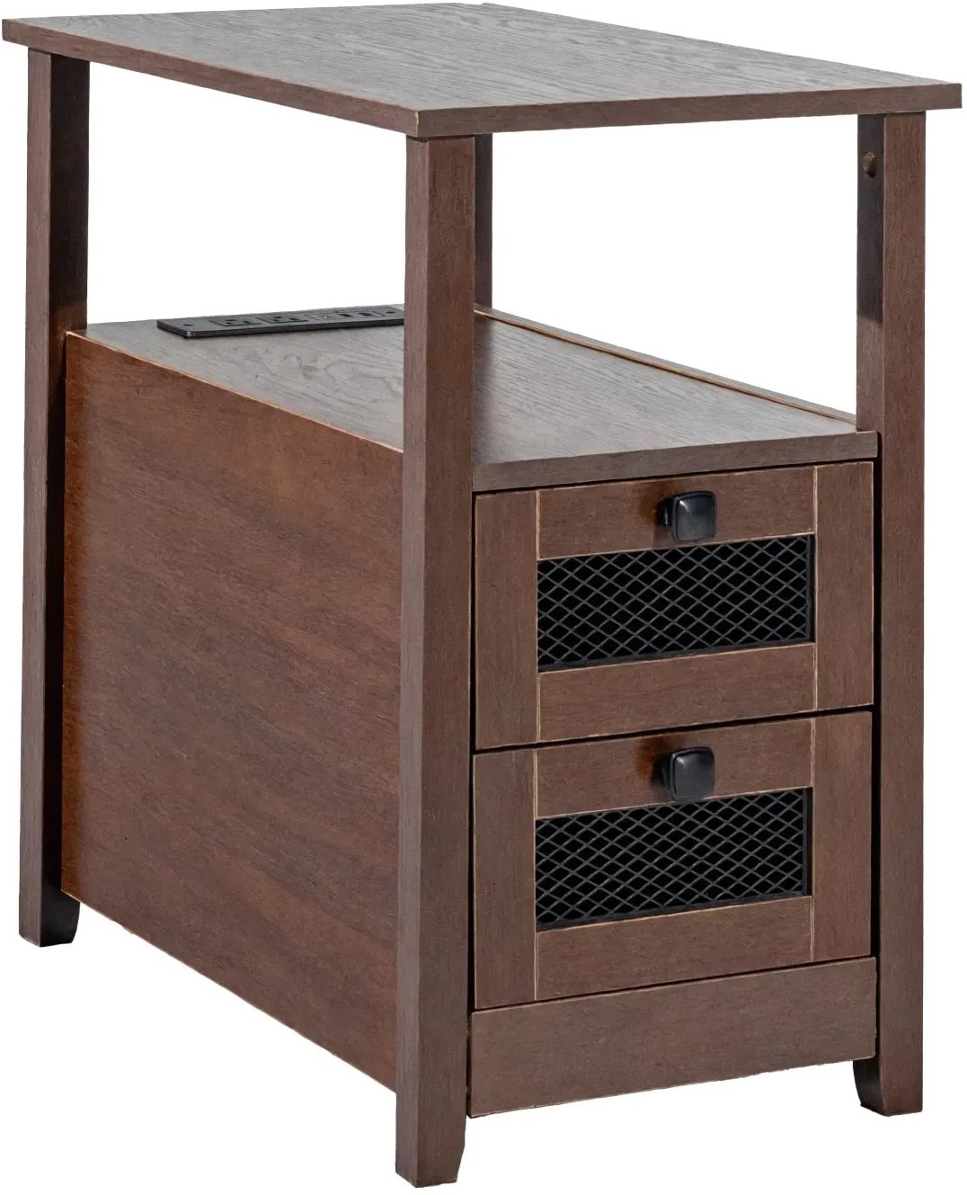 Stolik nocny wąski z szufladą USB i gniazdkami do sypialni brązowy