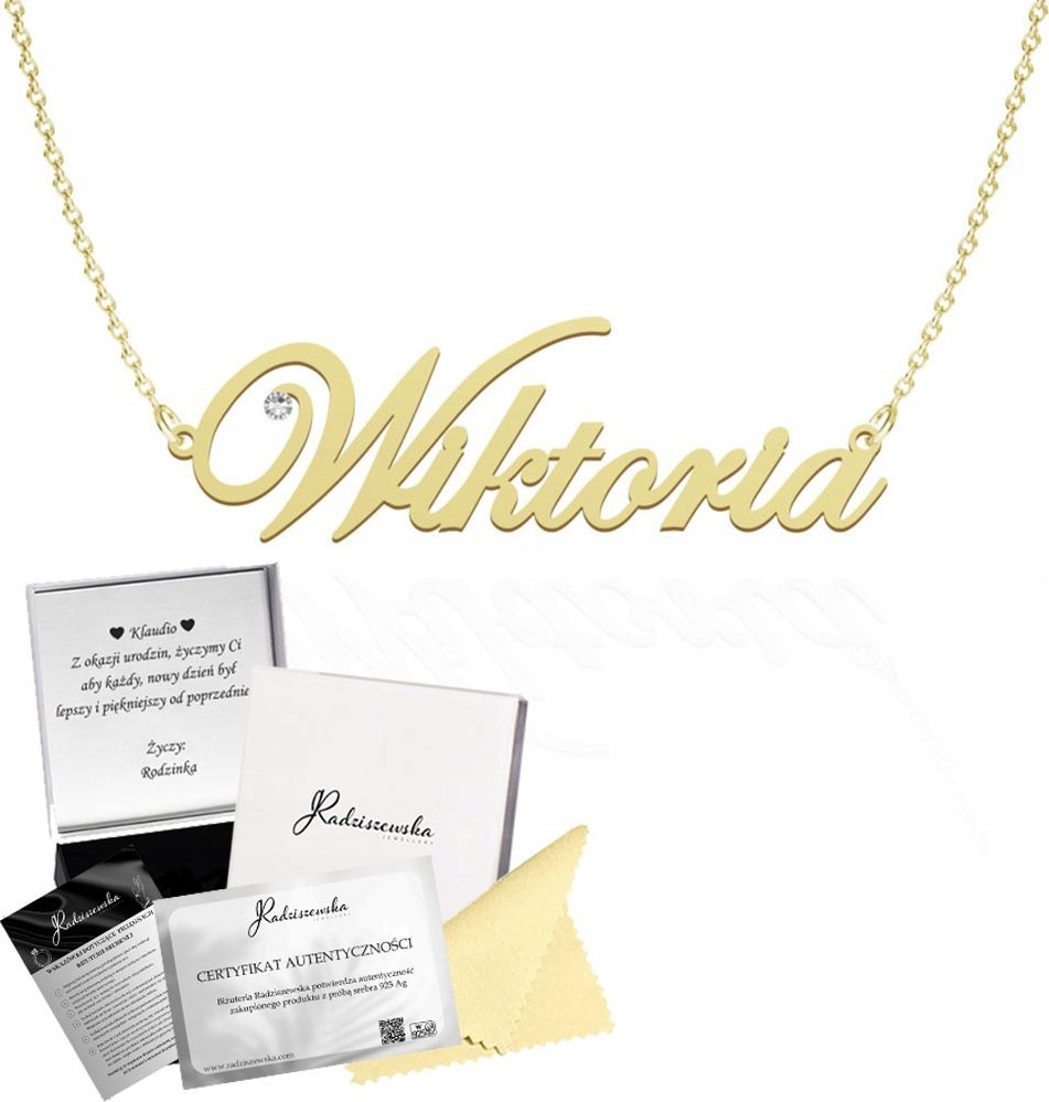 Radziszewska Jewellery Złoty Naszyjnik z imieniem Wiktoria Łańcuszek SREBRO 925 DEDYKACJA GRATIS