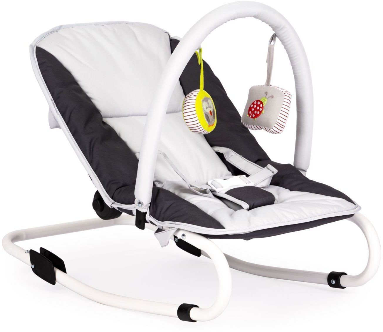 Leżaczek bujaczek składana kołyska z zabawkami biało-grafitowy