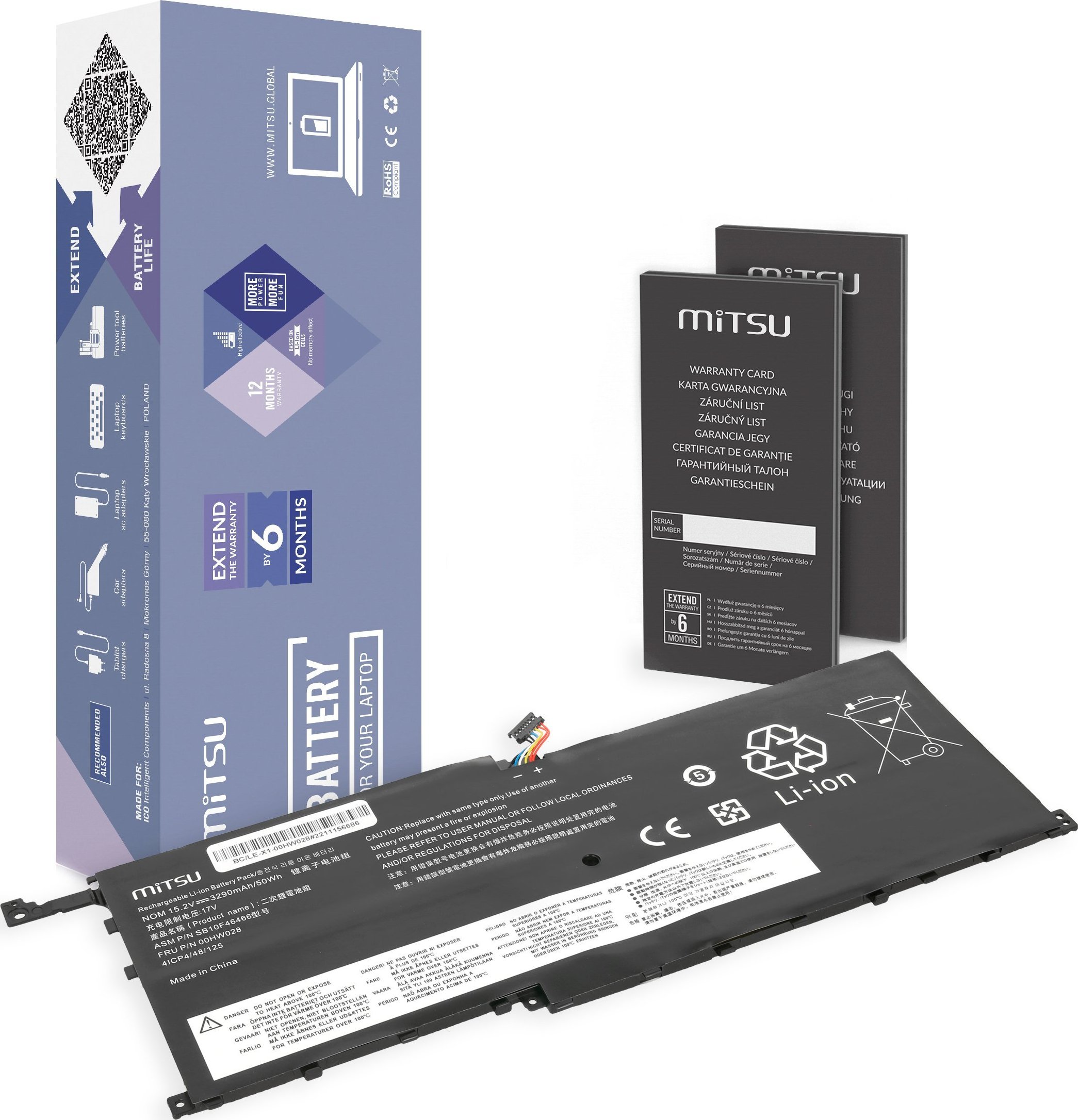 Bateria Mitsu Bateria 00HW028 01AV439 do Lenovo X1 Carbon 20FB