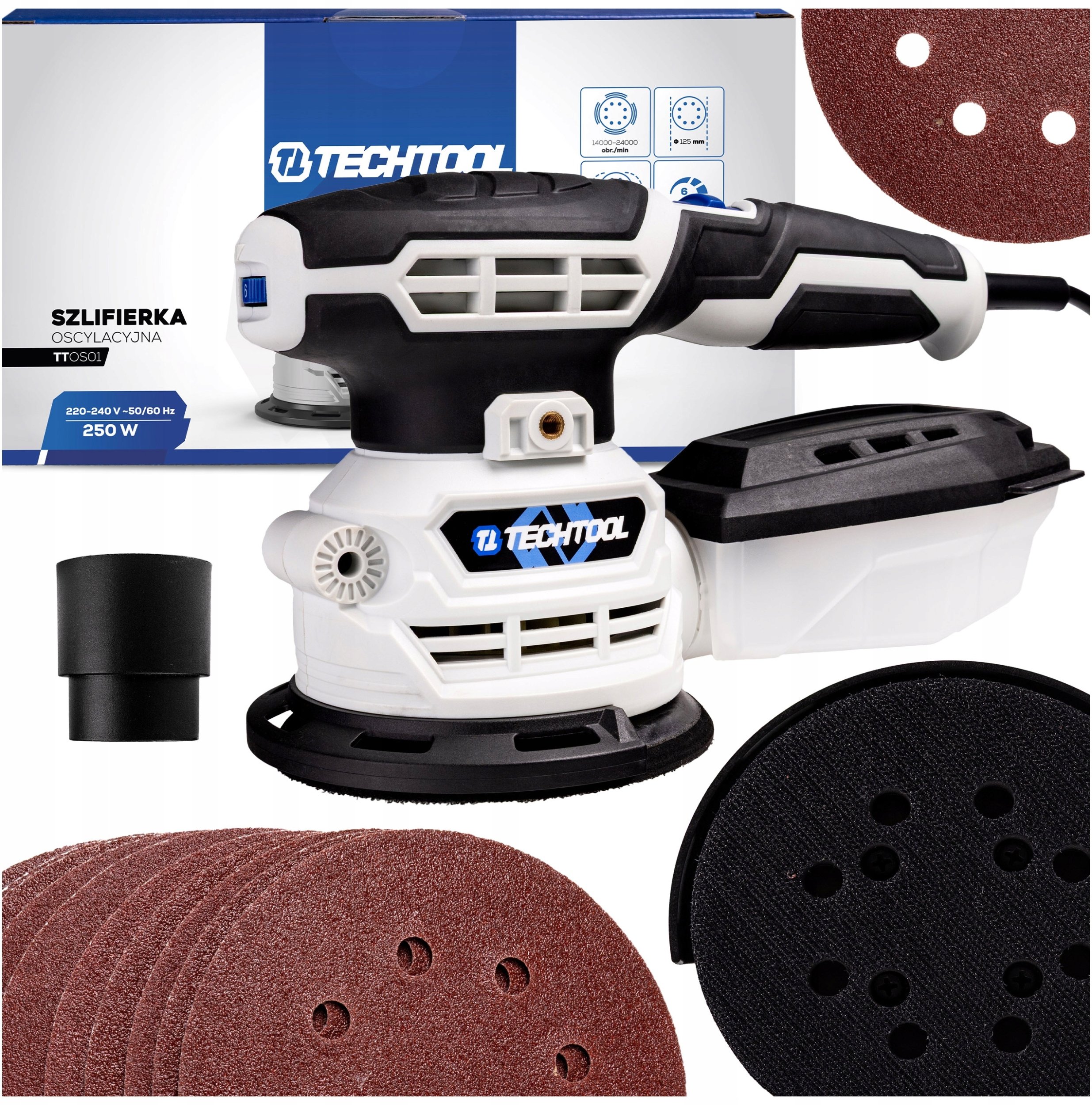 SZLIFIERKA OSCYLACYJNA MIMOŚRODOWA DO DREWNA 125MM + PAPIERY ŚCIERNE 10 SZT