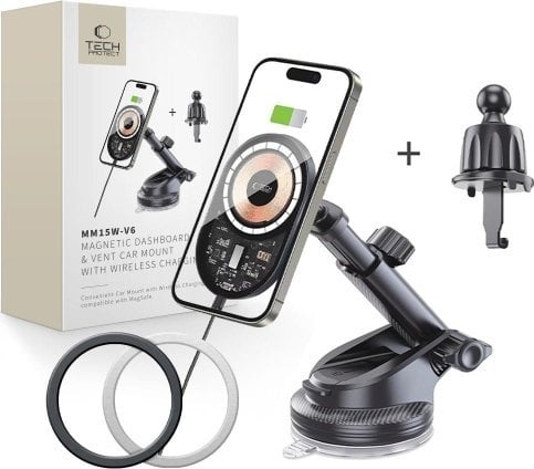 Ładowarka Tech-Protect TECH-PROTECT MM15W-V6 MAGNETIC MAGSAFE DASHBOARD & VENT CAR MOUNT WIRELESS CHARGER 15W BLACK