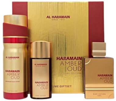 Al Haramain Amber Oud Ruby Edition Pure Perfume 75 ml + 30ml + Deodorant Body Spray 200ml