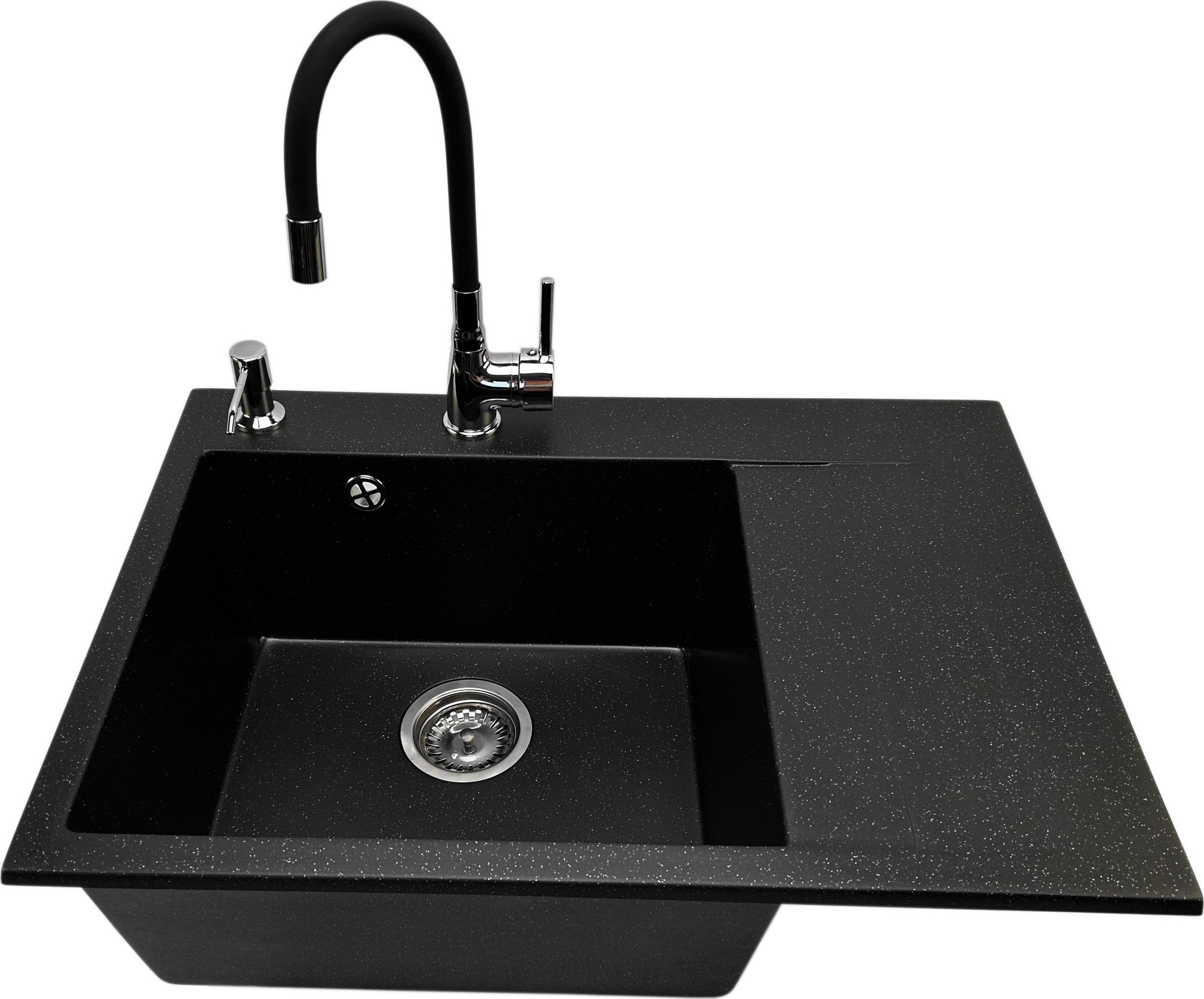 Zlewozmywak PREHNIT Zlewozmywak jednokomorowy z ociekaczem LOBSTER czarny metalik + bateria flex + doz