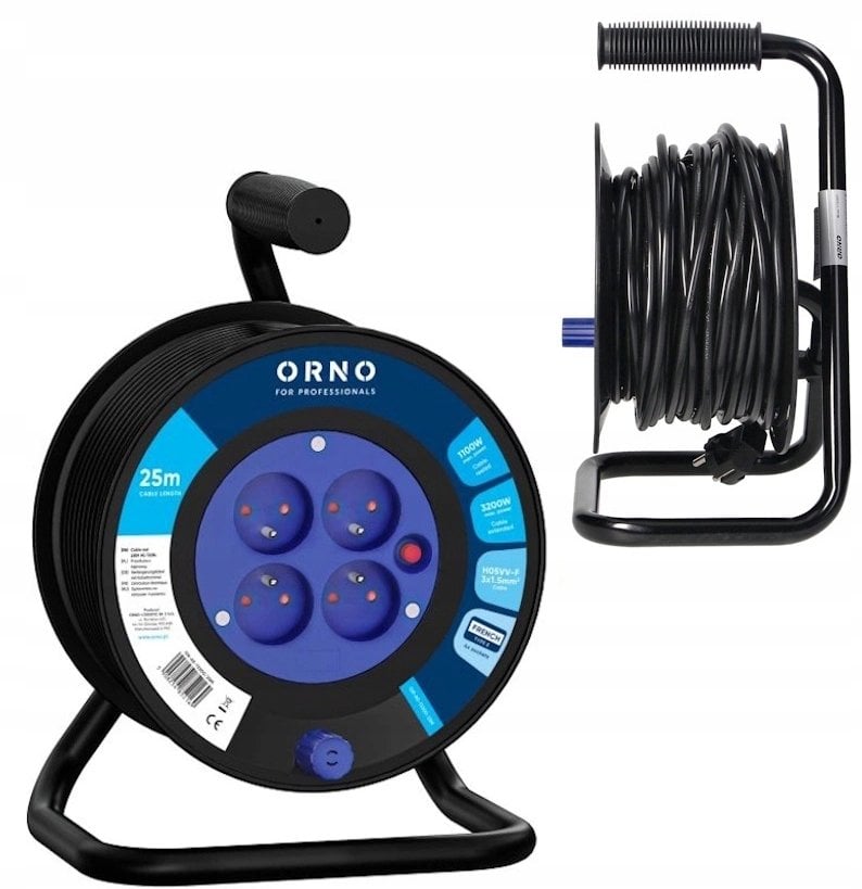 Przedłużacz bębnowy, 4 gniazda 2P+Z, kabel PVC H05VV-F 3x1,5mm?, długość 25m, termik, przesłony torów prądowych