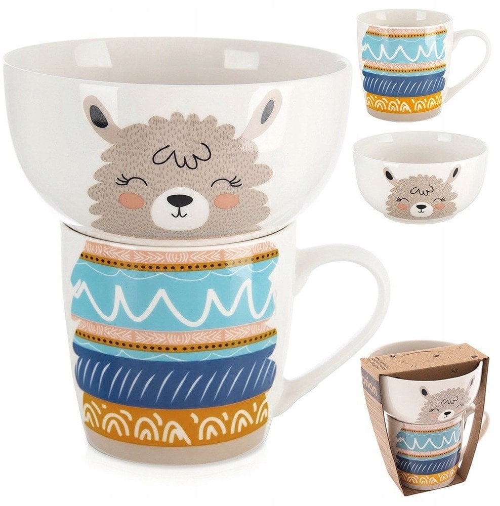 Zestaw Kubek z Miseczką dla Dziecka Śniadaniowy Porcelanowy Lama ORION 2el.