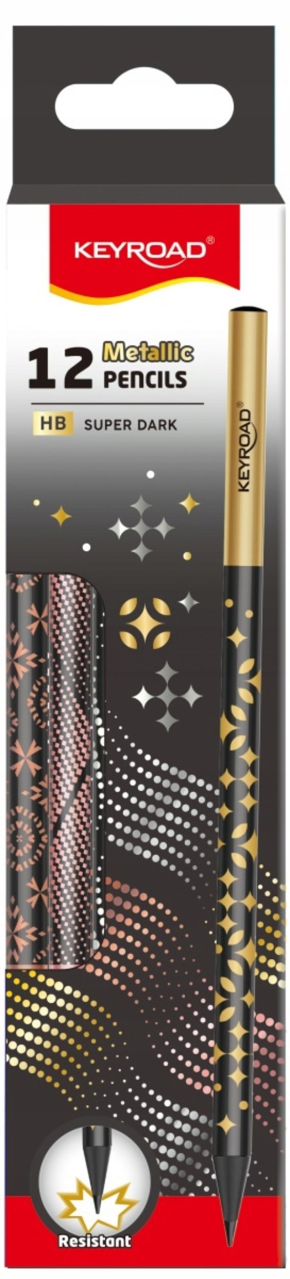 Ołówek KEYROAD Metallic, okrągły, czarne drewno, 12 szt., holograficzne wzory