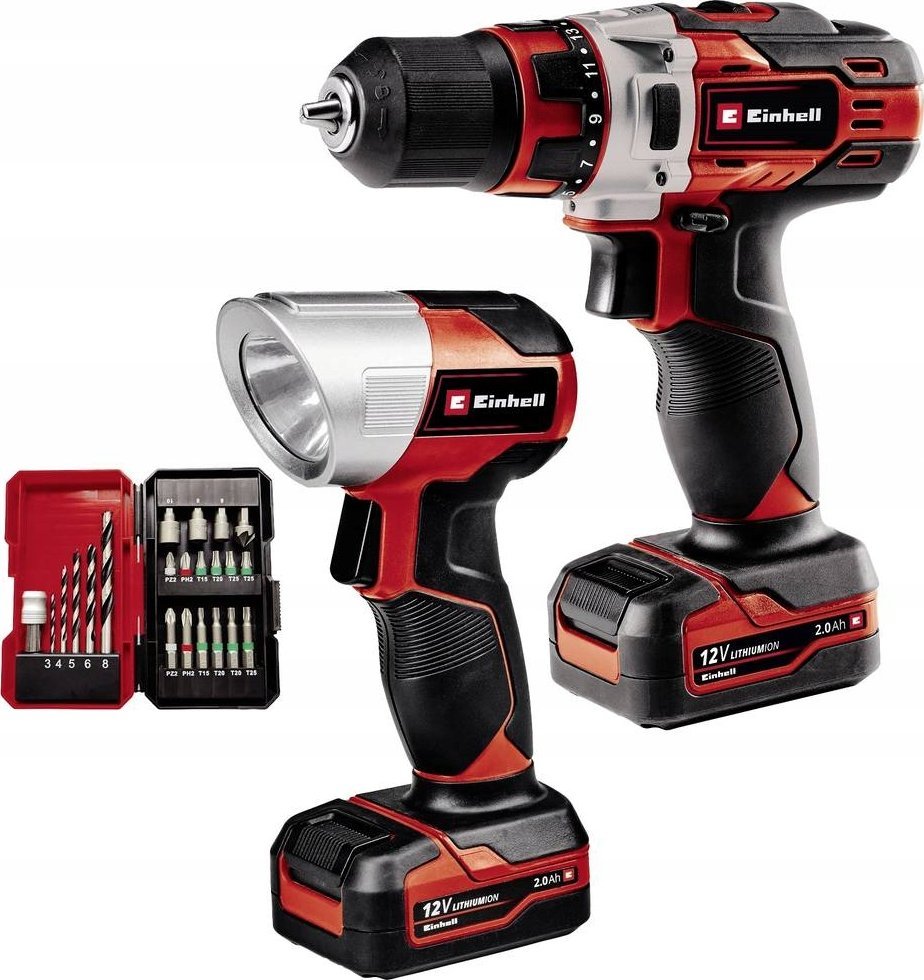 Wiertarko-wkrętarka Einhell Einhell Cordless Drill TE-CD 12/1 +22+CL, 12V (red/black, 2x Li-Ion battery 2Ah, 22-piece bit and drill set + battery ligh