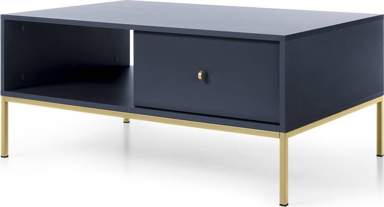 Ravio Prostokątna ława Bari z dwoma szufladami granatowa + złote nóżki