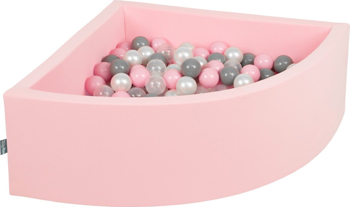 KiddyMoon KiddyMoon Suchy basen trójkątny z piłeczkami 7cm różowy: perła-szary-transparent-pudrowy róż 90x30cm/300piłek Zabawka basen piankowy