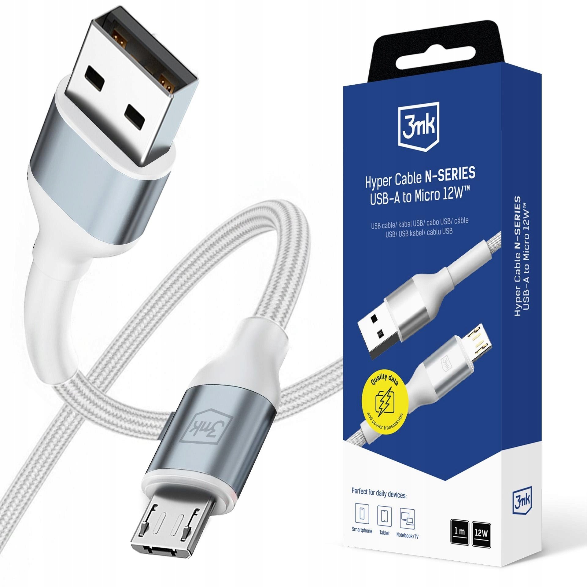 Kabel USB 3MK USB-A - microUSB 1 m Biały (5903108680356)