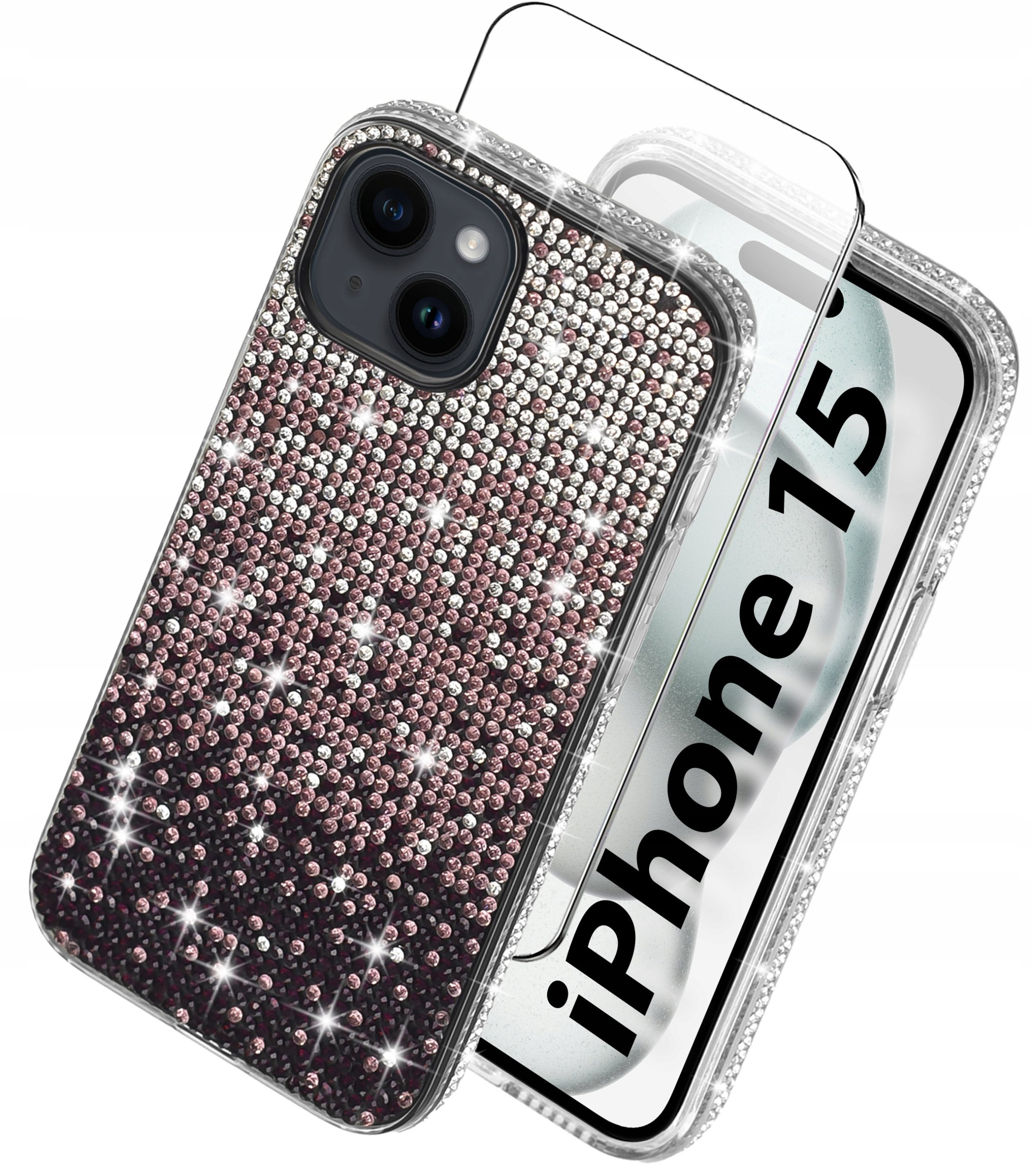 krainaGSM Etui do iPhone 15 silikonowe brokat DIAMOND Szkło ochronne na ekran 9H