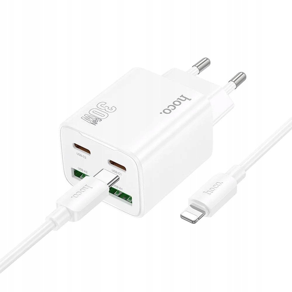 Ładowarka sieciowa do telefonu Hoco 2 x USB C + 2 x USB A QC3.0 PD 3A 30W + kabel USB C do Lightning N56 biała