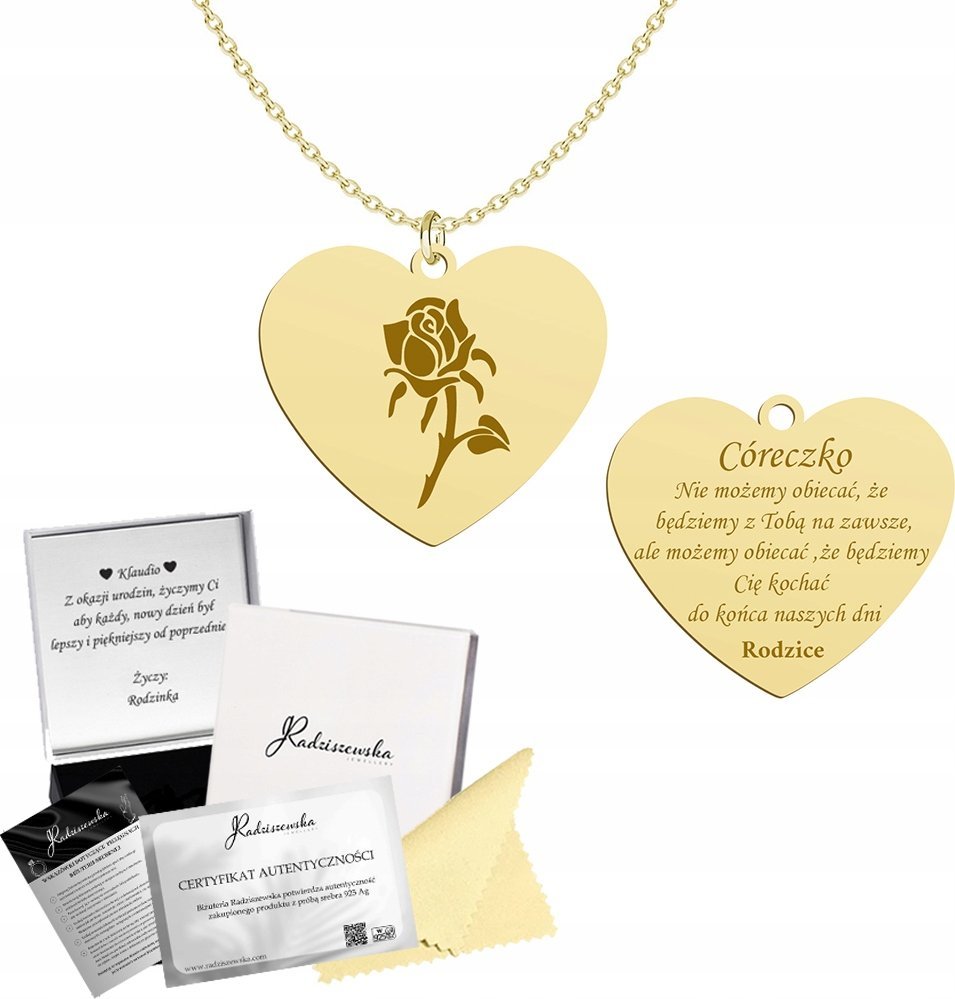 Radziszewska Jewellery Złoty Naszyjnik Serce Róża Cytat Prezent dla Córki 925 GRAWER GRATIS