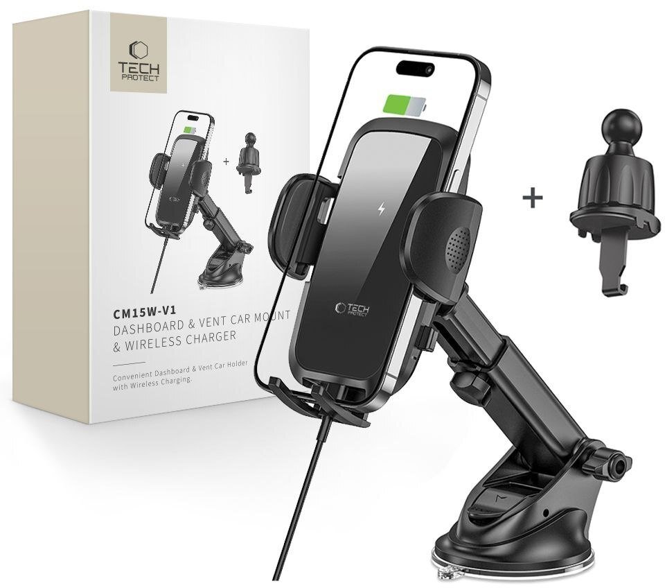 Uchwyt samochodowy z ładowarką indukcyjną do telefonu na kokpit kratkę 15W - czarny Tech-Protect