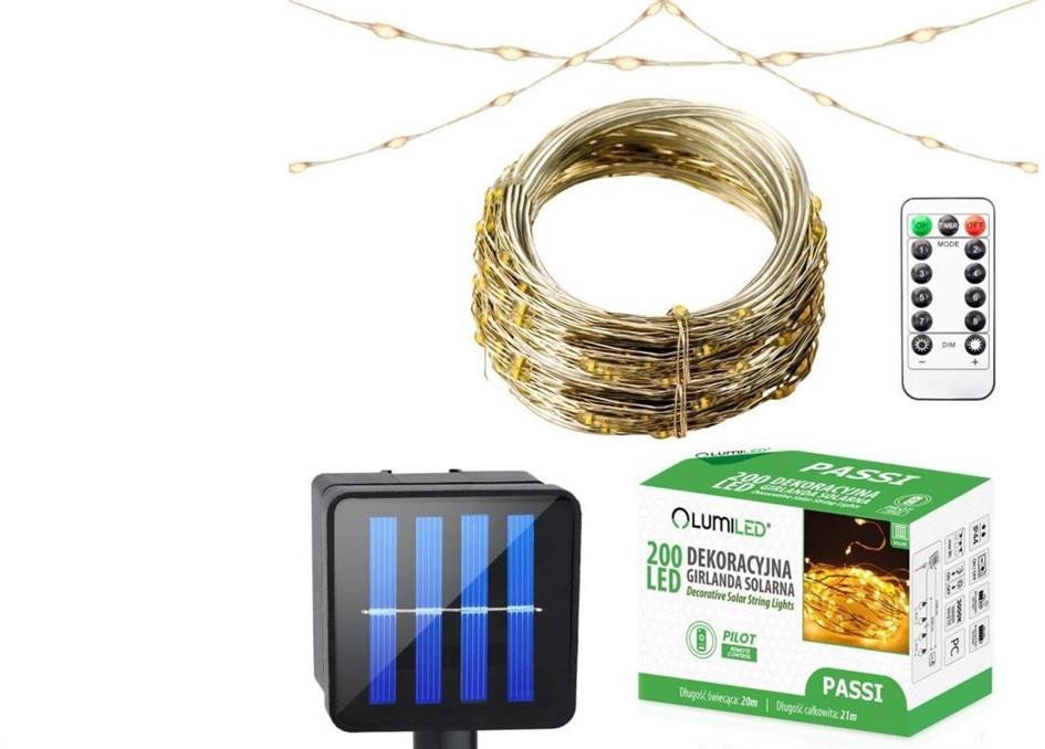 Girlanda Solarna Ogrodowa 200x LED Ozdobna 21m Ciepła 3000K + Pilot PASSI LUMILED